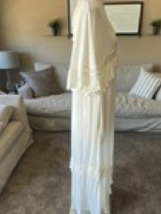 Free People White Lace Ruffle Button Maxi Dress V-Neck Cape Sleeve Size XS - Picture 5 of 10